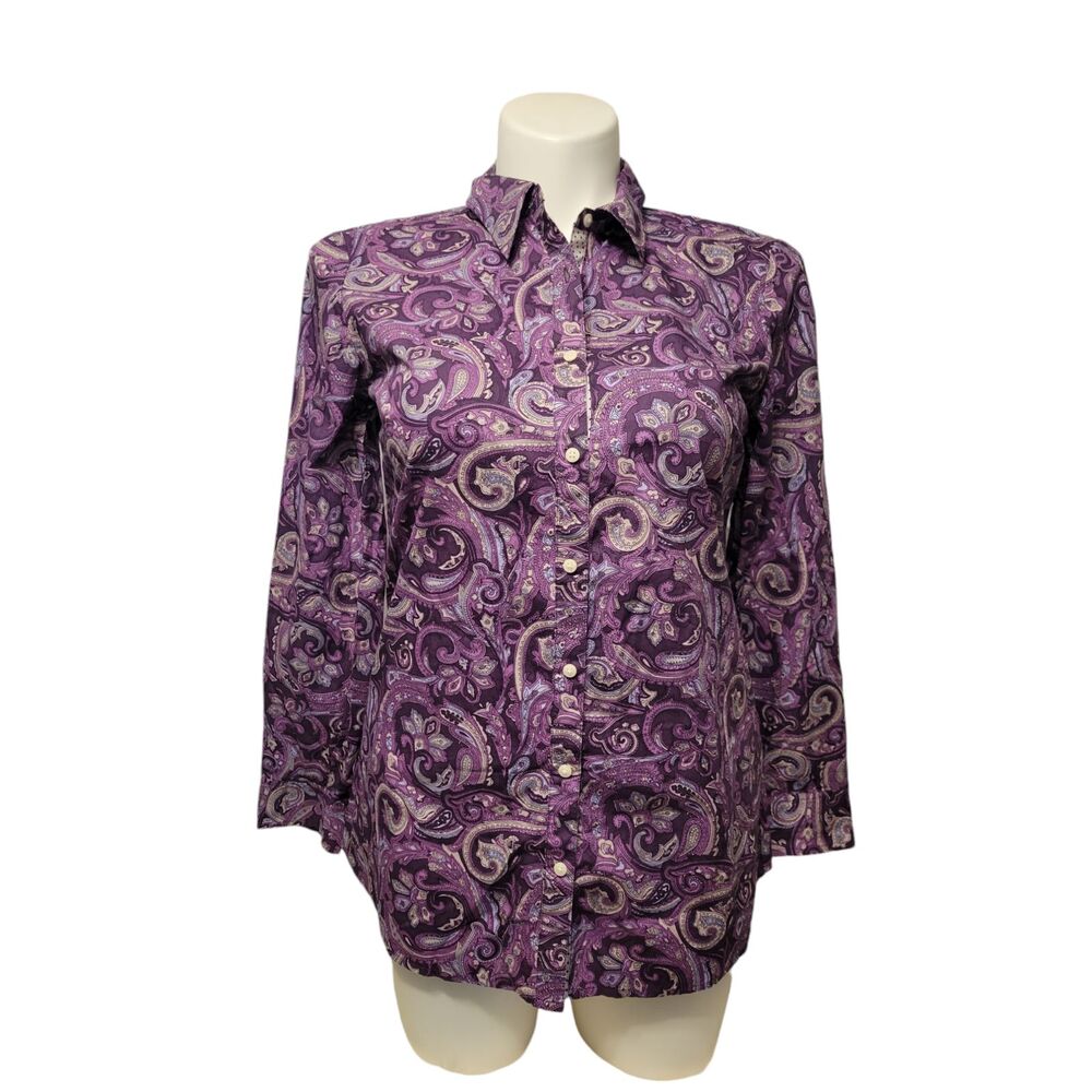 IZOD 'Violet Crush' Paisley Blouse Women Large Purple Long Sleeve Button Down